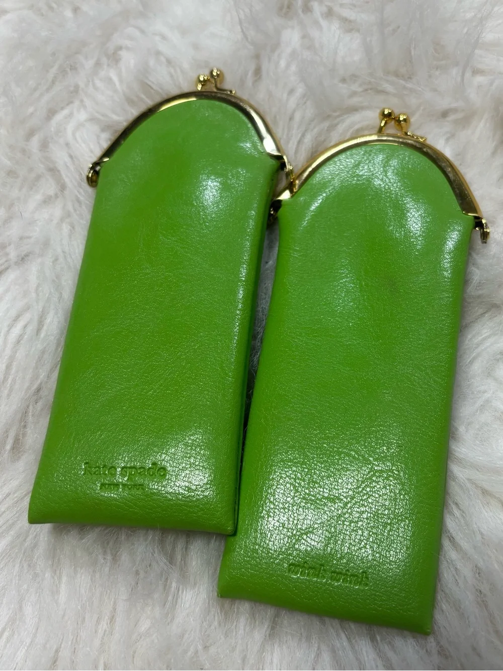 2 Kate Spade Bright Lime Green Leather Kiss-Lock Eyewear Case with Gold Hardware
